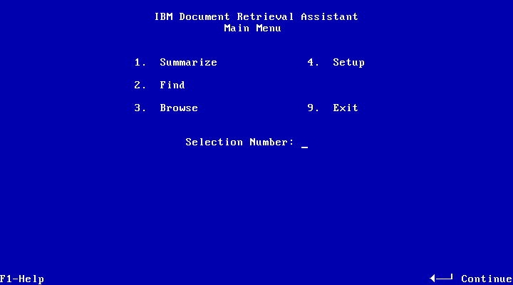 IBM Document Retrieval Assistant 1.00 - Menu